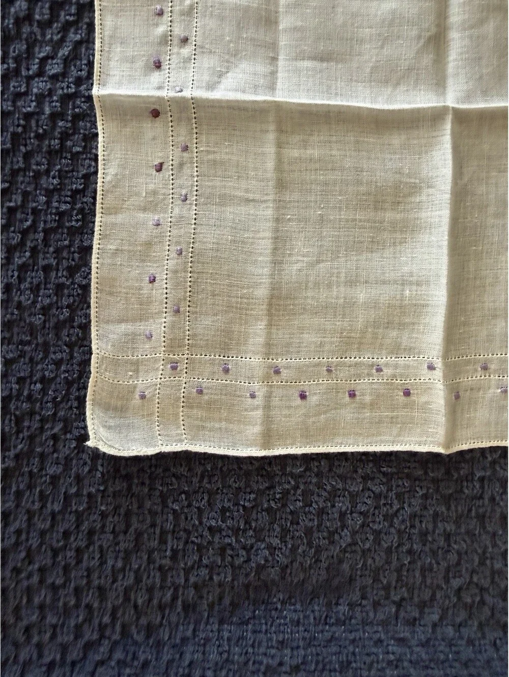 Cotton Square Handkerchief White w/ Purple Embroidered Polka Dot Border